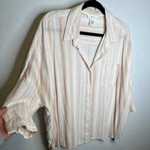 Kirious Los Angeles Women's Large Drop Shoulder Striped Top Blouse Beige‎ Linen